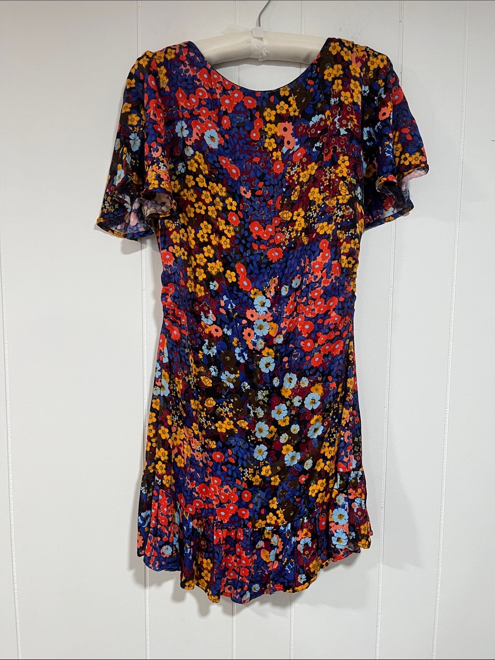 Anthropologie Floral Open Back Tie Mini Dress Flutter Sleeve Ruffle Hem Size 4